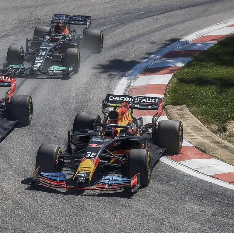 Three Formula 1 cars fiercely battling for position on a race track during a championship fight.