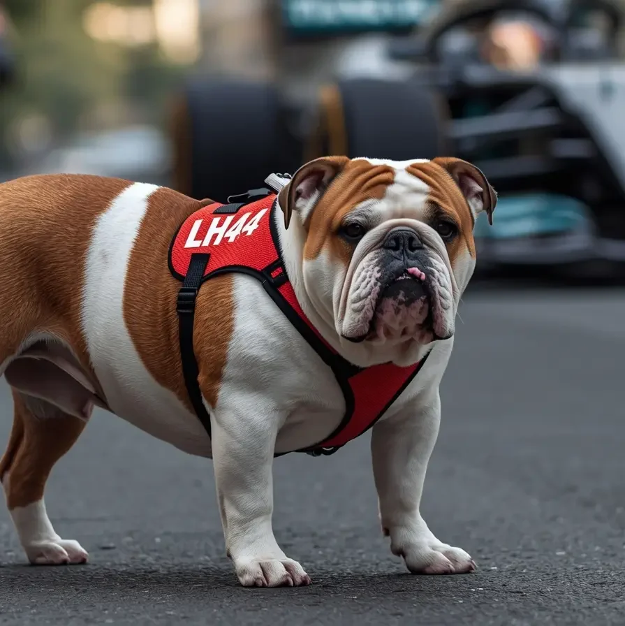 Bulldog Roscoe sitting beside Lewis Hamilton in the Formula 1 paddock