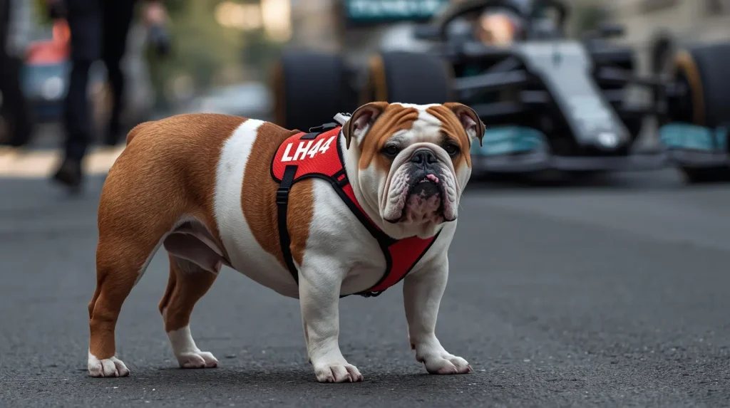 Lewis Hamilton comforting his dog Roscoe during a Formula 1 event